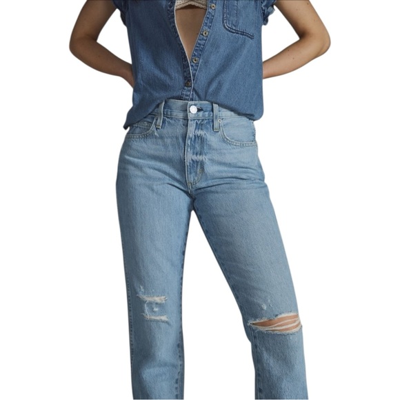 New AMO The Low Down Distressed Med Wash Straight Jeans Size 26 - Picture 3 of 11